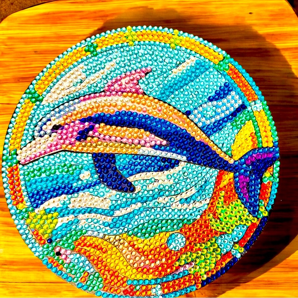 Colorful Dolphin Trivet Hand Crafted Diamond Painted and Sealed NWT 6”